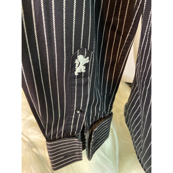 Bugatchi Uomo Button Up Dress Shirt 15 32/33 Black White Striped Corpcore Preppy - Picture 3 of 8